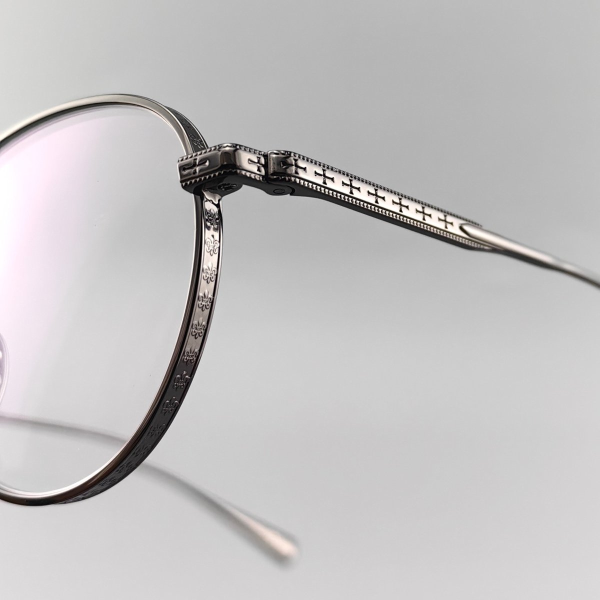 Vintage Chrome-Hearts Inspired Gothic Round Titanium Eyeglasses – Laser-Engraved Cross Design | Lightweight Frame for Men & Women - HP eyeglasses