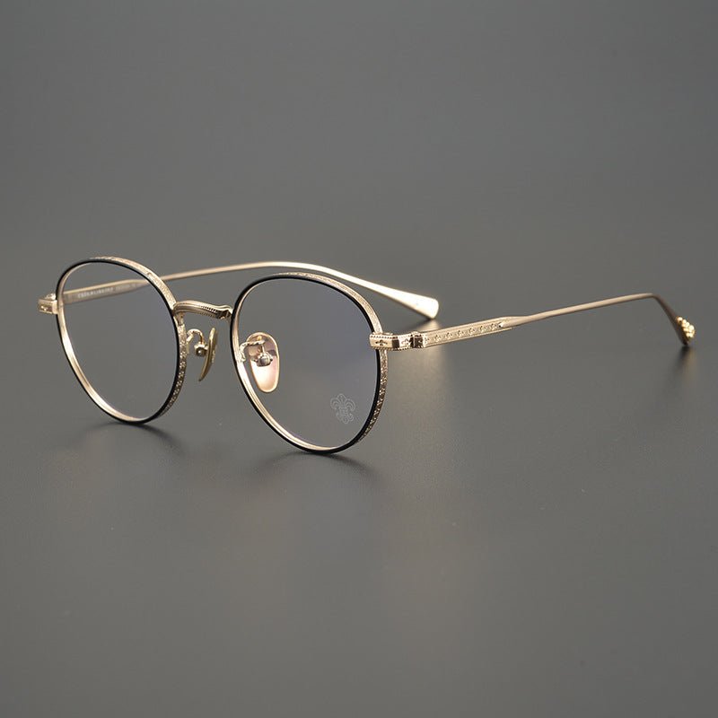 Vintage Chrome - Hearts Inspired Gothic Round Titanium Eyeglasses – Laser - Engraved Cross Design | Lightweight Frame for Men & Women - HP eyeglasses