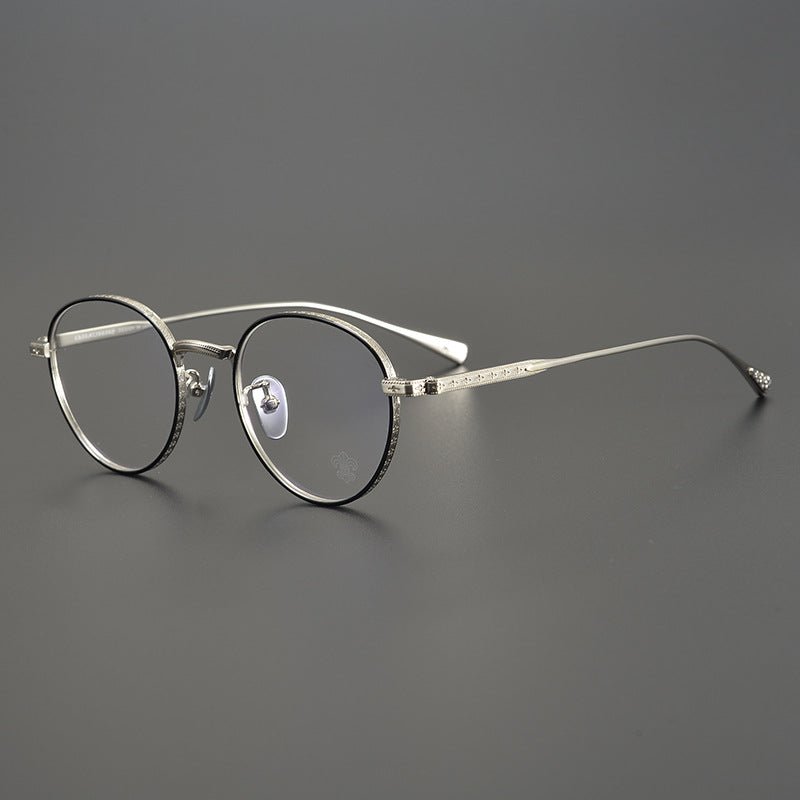 Vintage Chrome - Hearts Inspired Gothic Round Titanium Eyeglasses – Laser - Engraved Cross Design | Lightweight Frame for Men & Women - HP eyeglasses