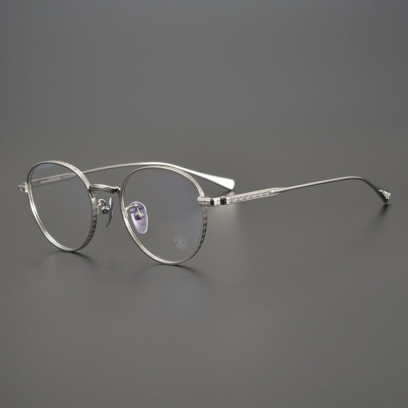 Vintage Chrome - Hearts Inspired Gothic Round Titanium Eyeglasses – Laser - Engraved Cross Design | Lightweight Frame for Men & Women - HP eyeglasses