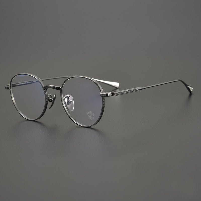 Vintage Chrome - Hearts Inspired Gothic Round Titanium Eyeglasses – Laser - Engraved Cross Design | Lightweight Frame for Men & Women - HP eyeglasses