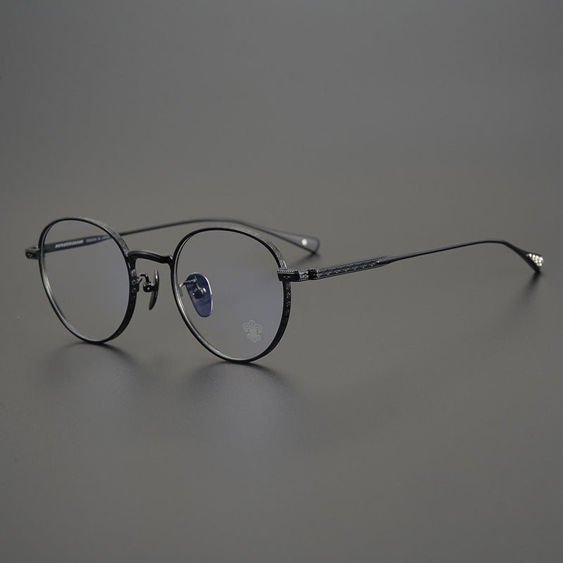 Vintage Chrome - Hearts Inspired Gothic Round Titanium Eyeglasses – Laser - Engraved Cross Design | Lightweight Frame for Men & Women - HP eyeglasses