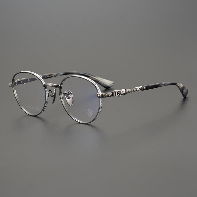 Vintage Round Eyeglasses with Cross Engraving | Pure Titanium Chrome Hearts - Inspired Frame – Unisex Design - HP eyeglasses